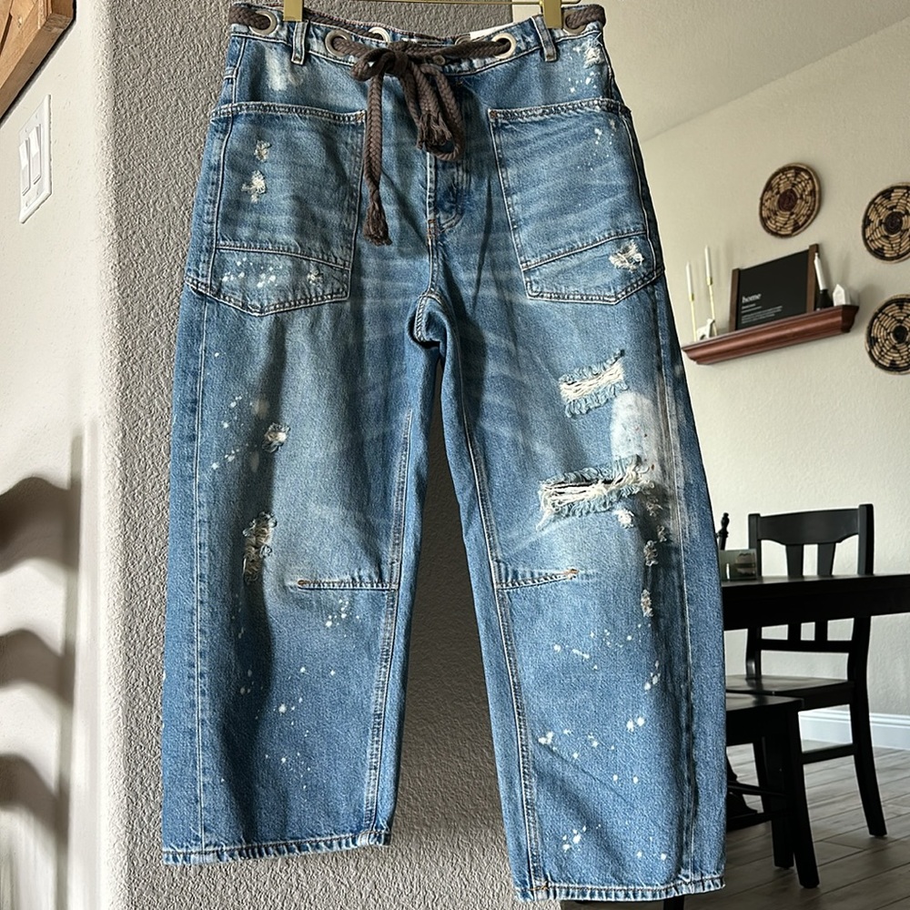 NWT Free People Moxie Pull-On Barrel Jeans Ripped Distressed Drawstring 28 Pull - Picture 10 of 13